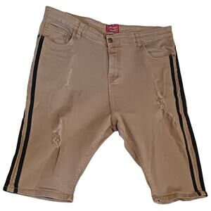 Mousai Brand Dark Khaki Denim Distressed Mens Shorts with black stripes Size 44